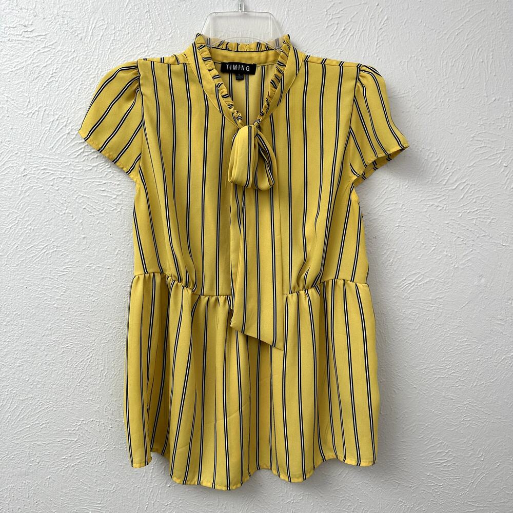 Timing Yellow Striped Peplum Blouse Large Tie Neck Cap Sleeve Feminine Workwear